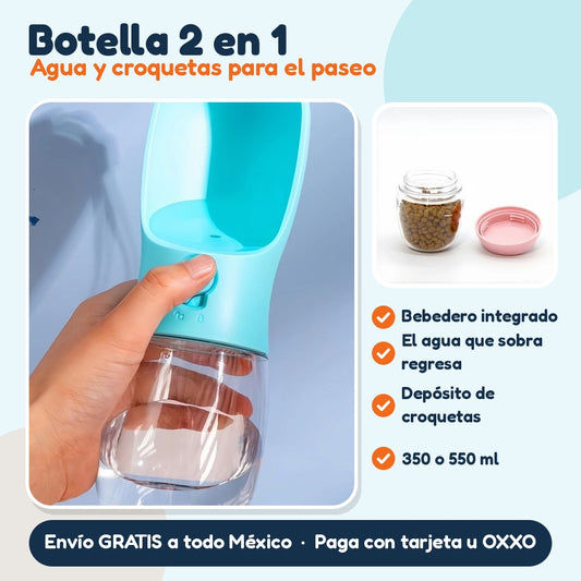 Botella 2 en 1: Agua y croquetas para el paseo