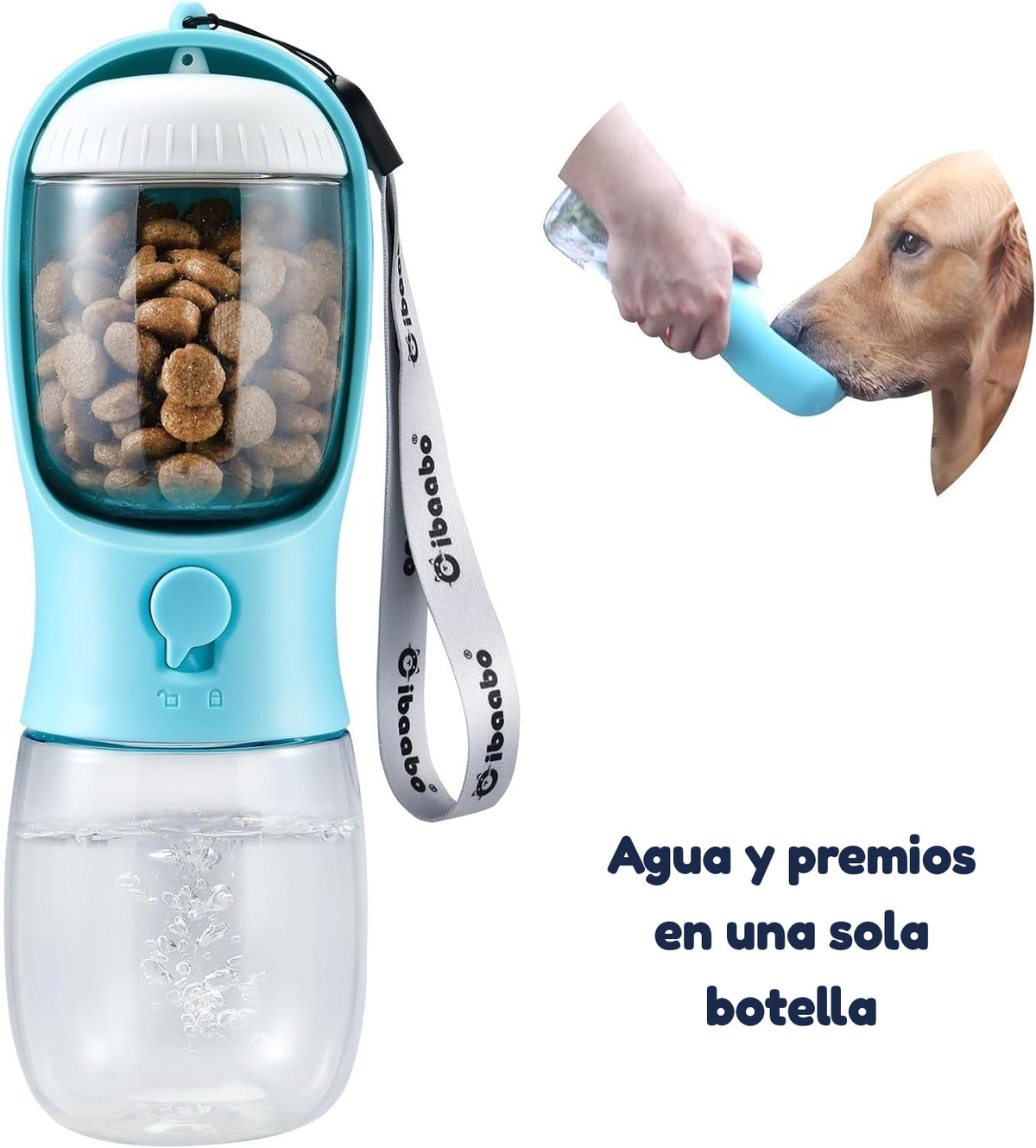 Botella de agua para perro con depósito de premios y correa