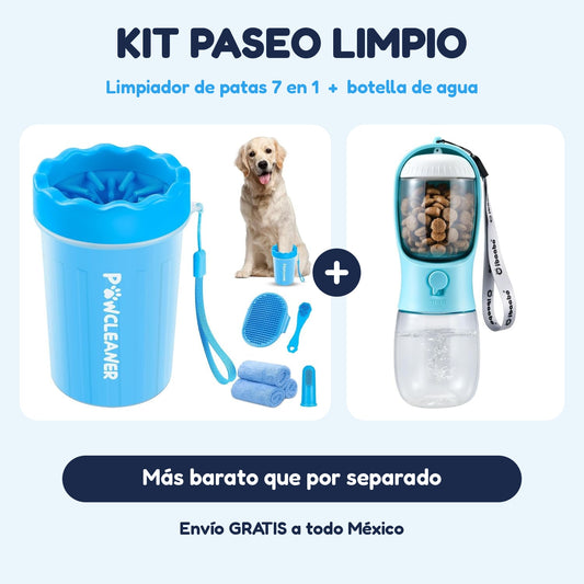 Kit Paseo Limpio: limpiador de patas 7 en 1 más botella de agua para perro