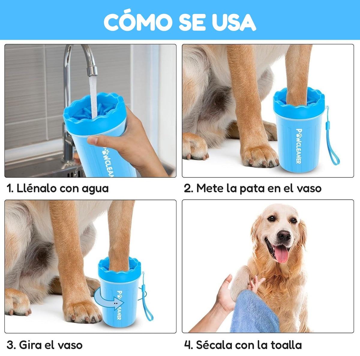 Cómo se usa: llénalo con agua, mete la pata, gira el vaso y sécala