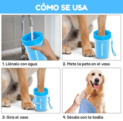 Cómo se usa: llénalo con agua, mete la pata, gira el vaso y sécala